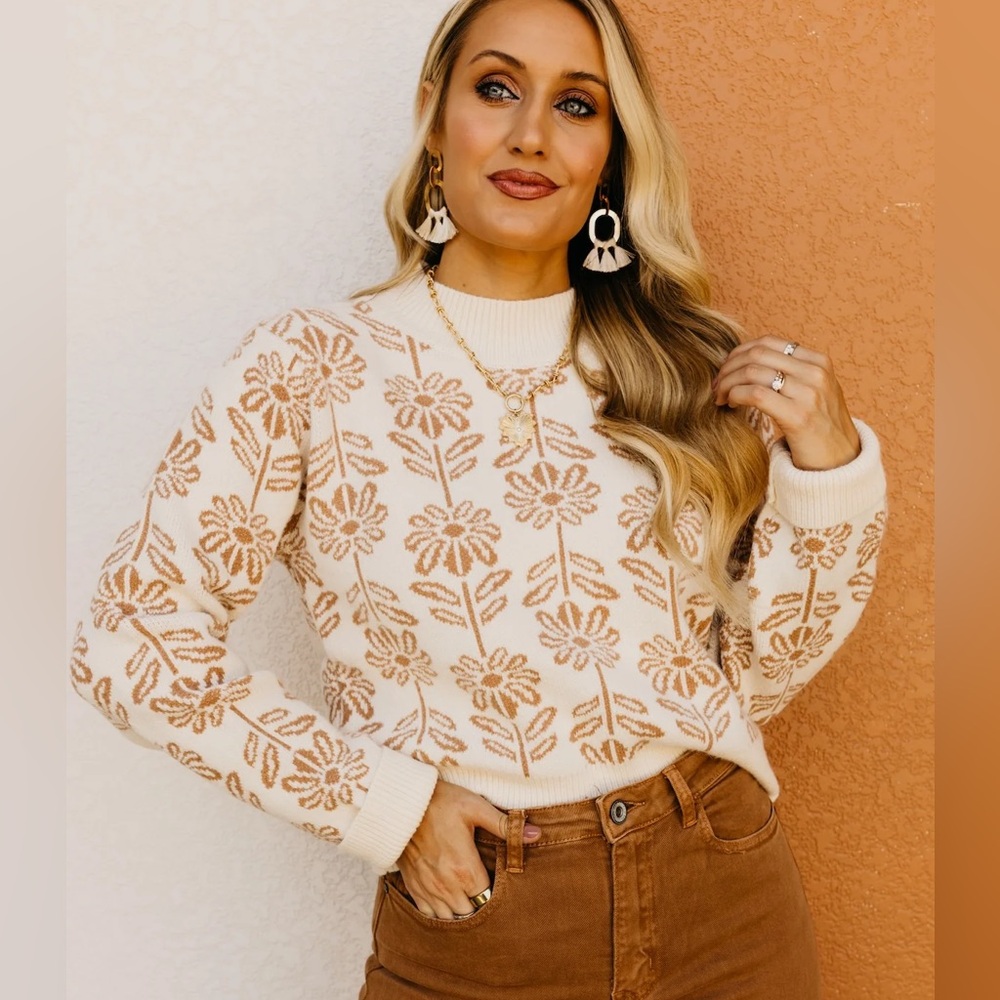 Beige floral print pattern knit sweater